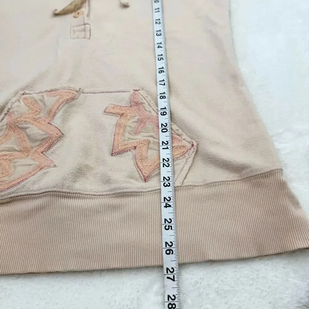 Free People Peach Floral Embroidered Pull-Over Hoodie Velvet Accents Medium Weig